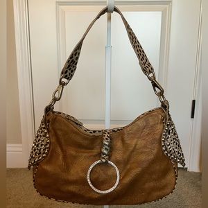 Blue Elegance Rhinestone Studded Bronze & Leopard Shoulder Purse